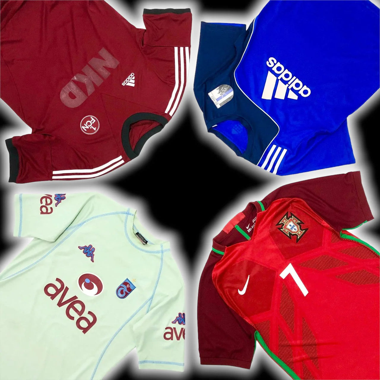 Collage of various sports jerseys with brand logos on a black background