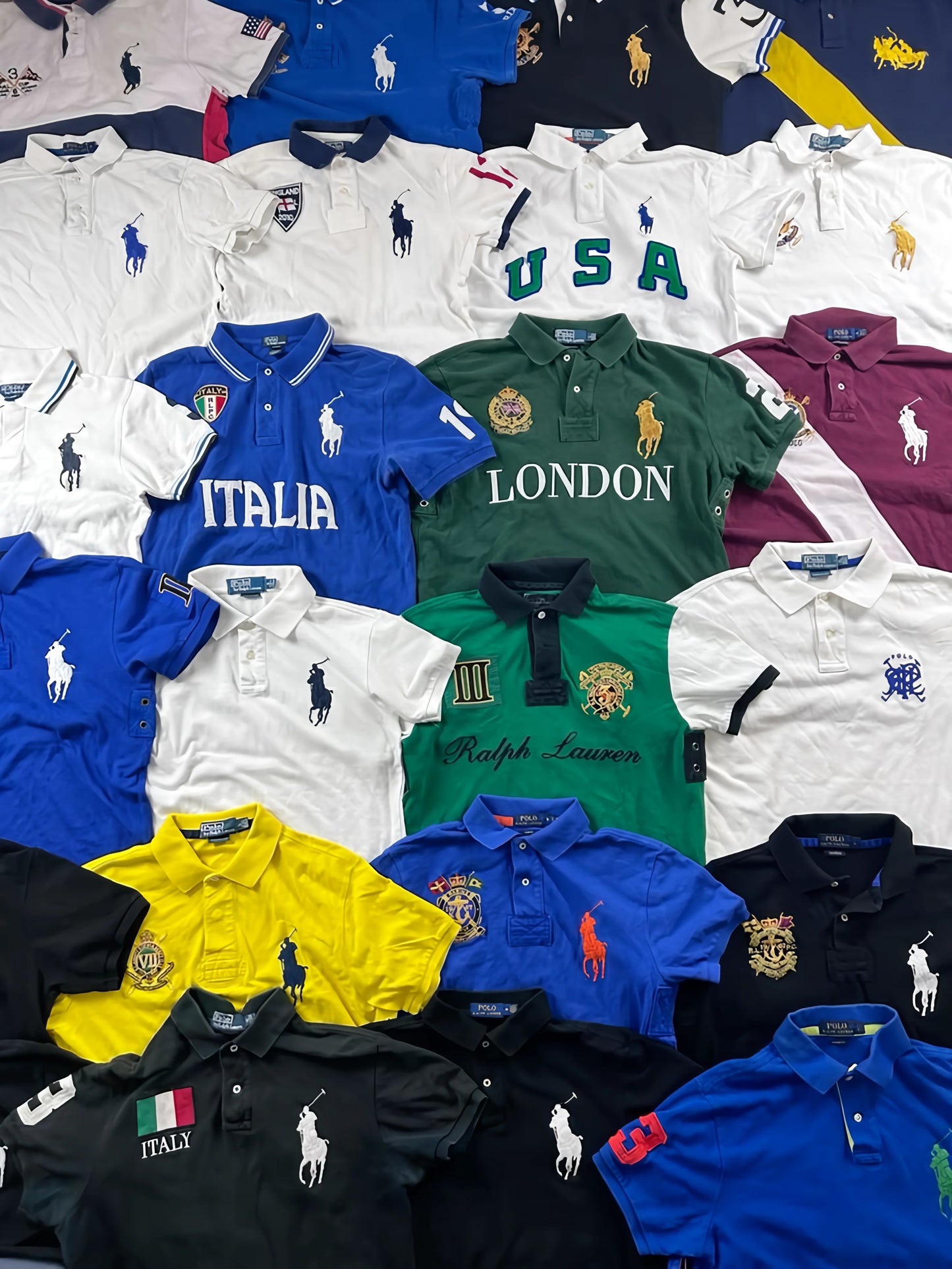 Collection of Ralph Lauren polo shirts with various designs and text on a white background