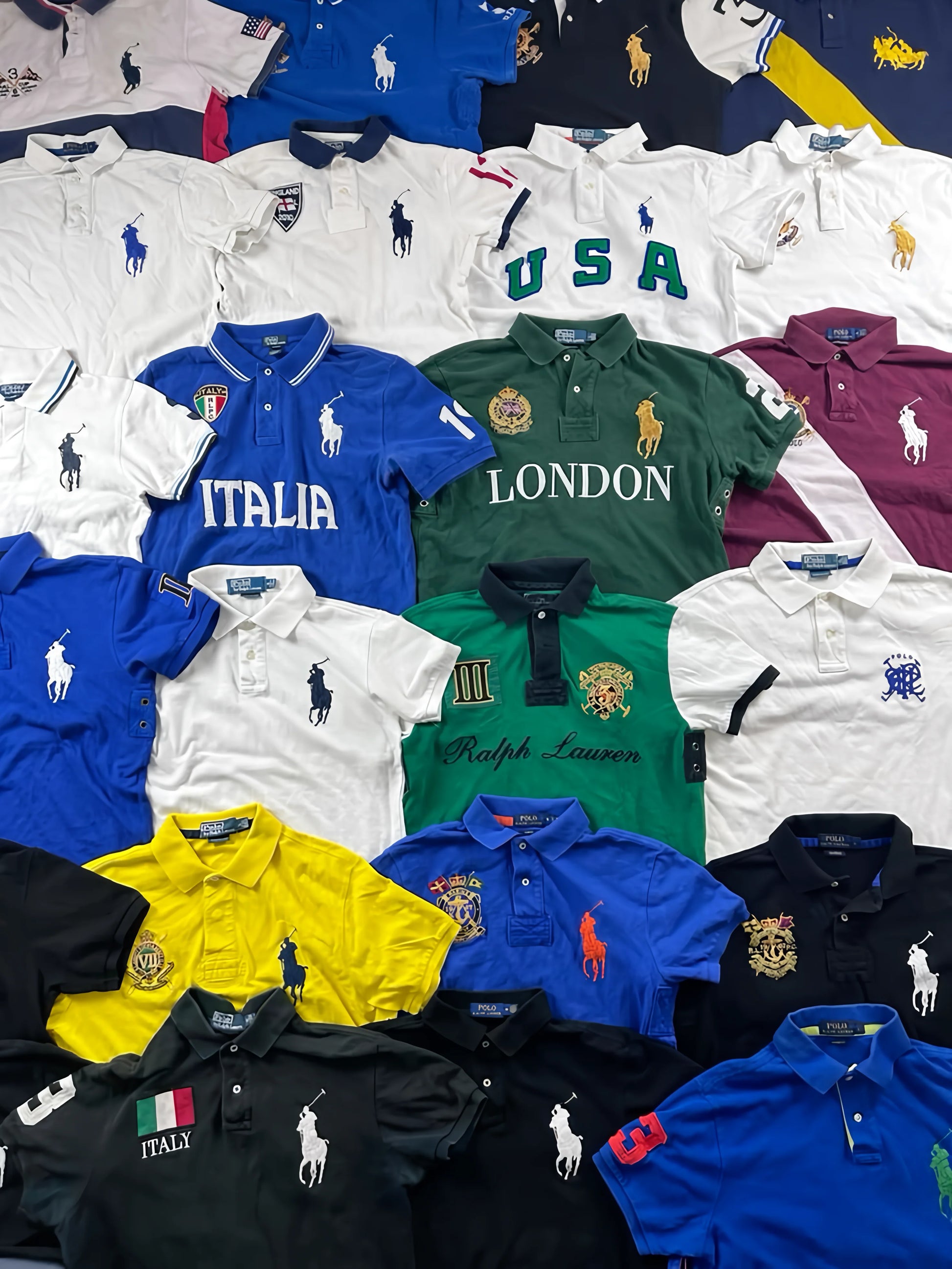 Collection of Ralph Lauren polo shirts with various designs and text on a white background