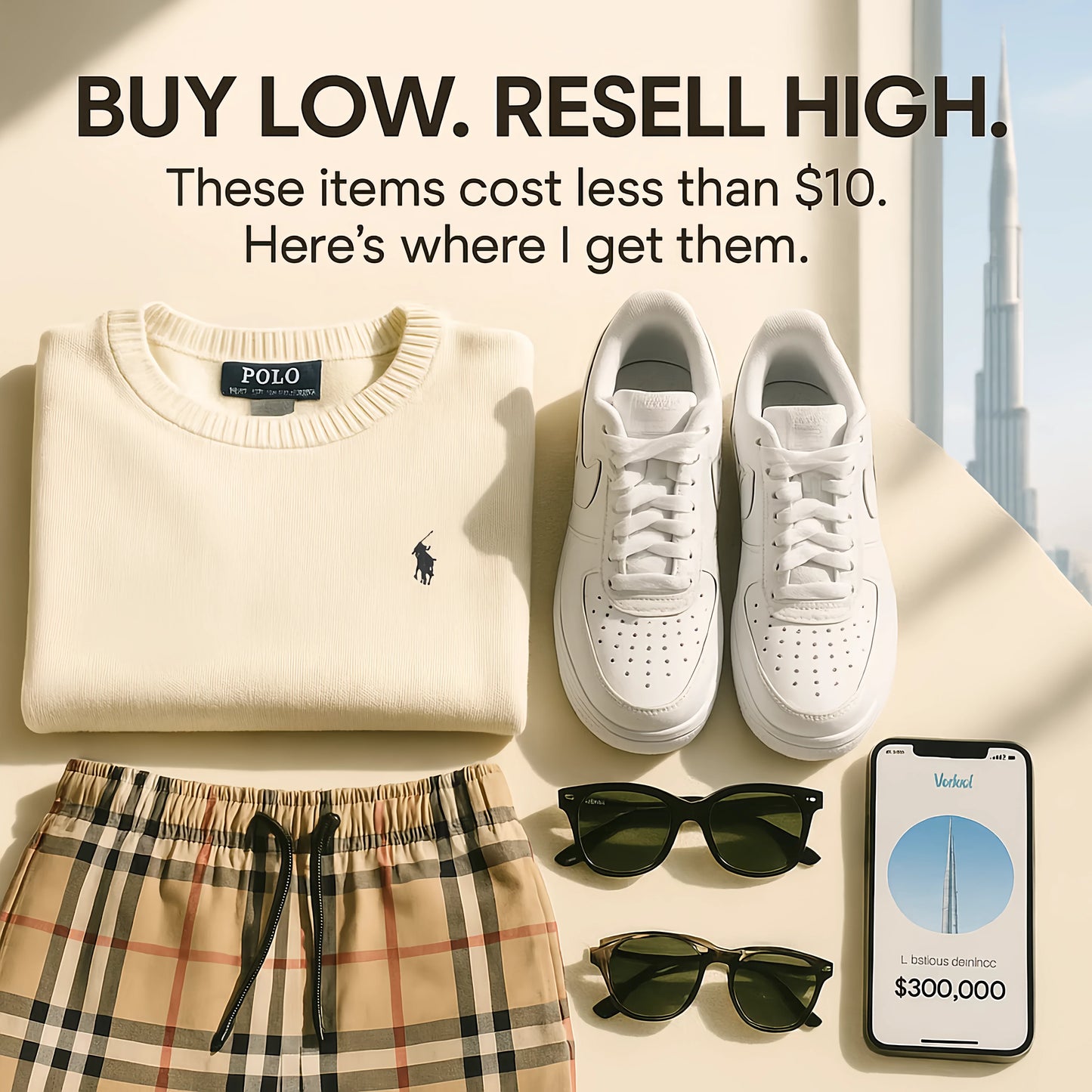 Collage of clothing and accessories with text about buying low and reselling high.