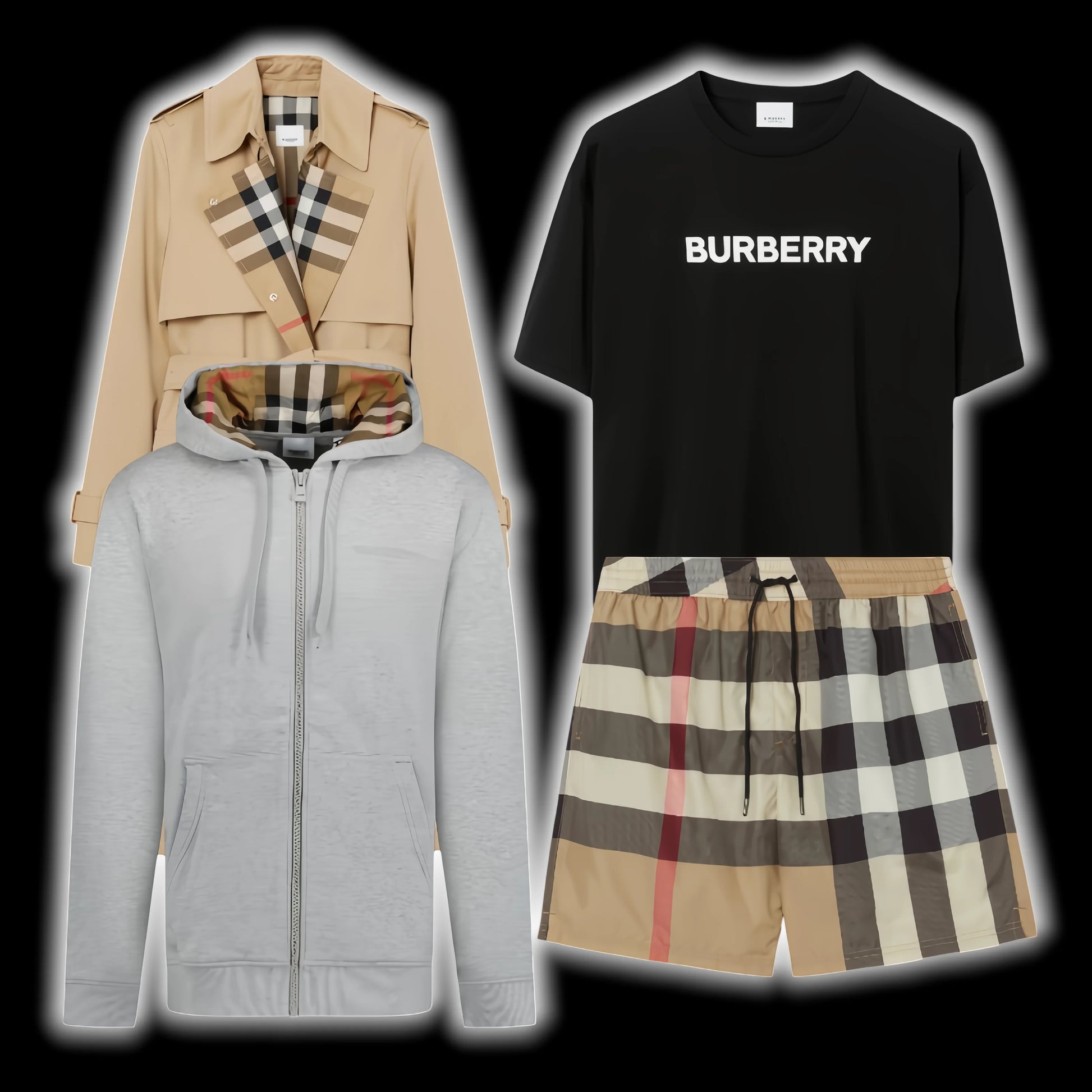 Collection of Burberry clothing including a trench coat, hoodie, t-shirt, and shorts on a black background.