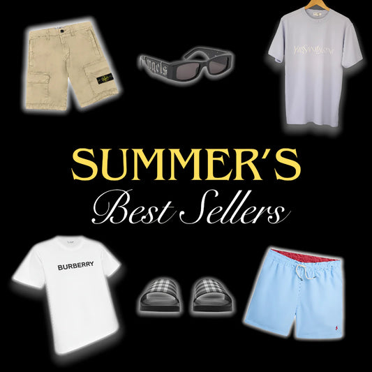 Summer's Best Sellers with clothing and accessories on a black background